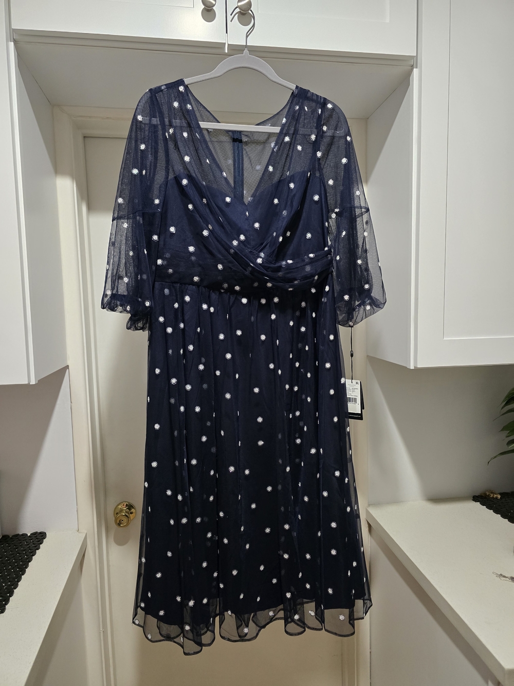 Navy With White/Glitter Polka Dots Mesh Midi Dress - Elegant Women's Party Dress - Picture 4 of 13
